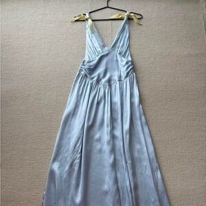 Silky Light Blue Maxi Dress with V-Neck and Tie Straps